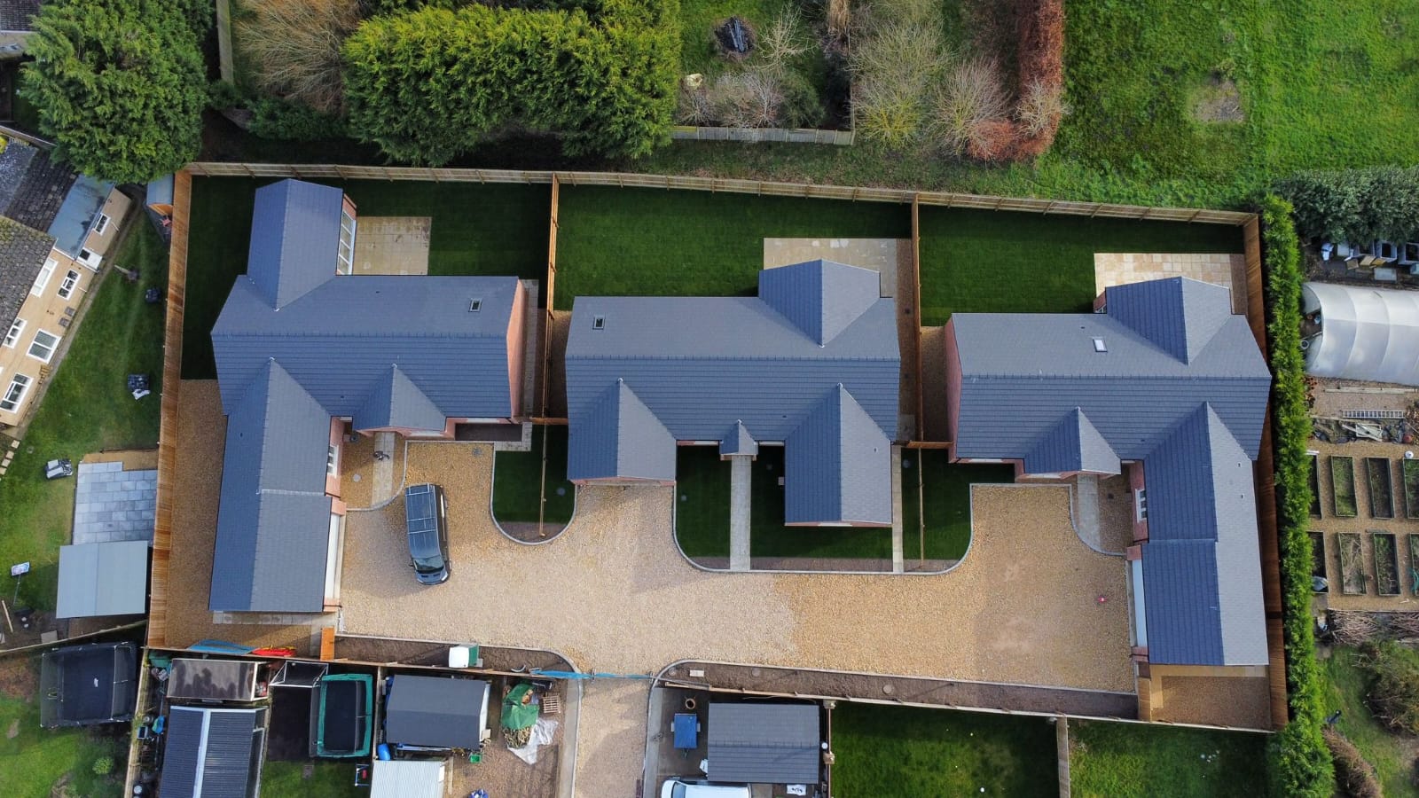 Aerial view of a completed Humphries Construction new-build bungalow development in King's Lynn, Norfolk