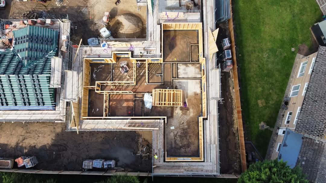 Aerial view of new-build roof framing under construction | general building in King's Lynn by Humphries Construction